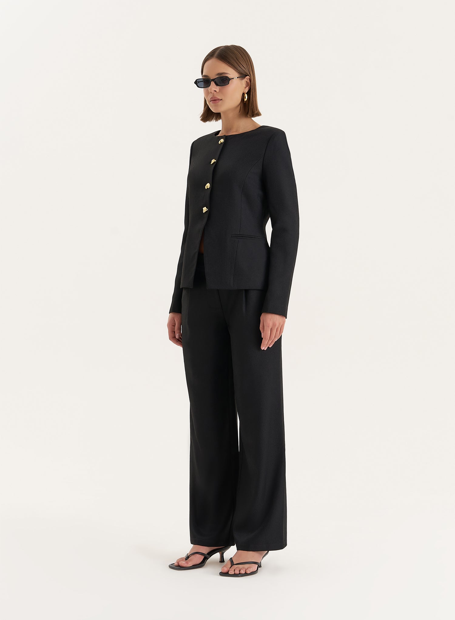 Black Tailored Gold Button Front Split Blazer
